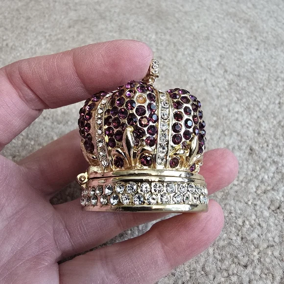 Rhinestone Crown Trinket Box Purple Crystal Gold Tone Jewelry Holder Royal - Picture 2 of 14